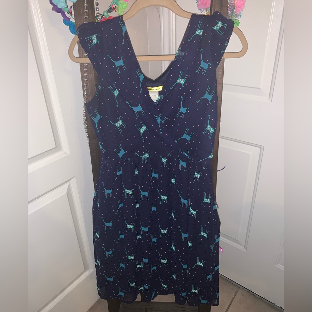 Navy Dress, Cute Giraffe Print. V-Neck.